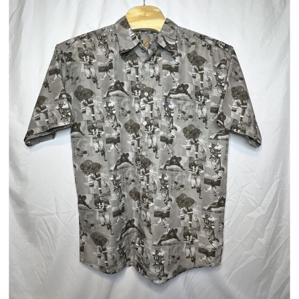 ENYCE Men's Button Up Short Sleeve FOOTBALL Grey/Black Polyester Shirt -Size L